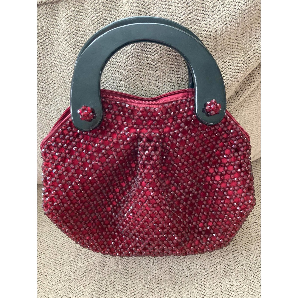 Vintage Handcraft  Swarovsky Crystals Beads Purse with  Wooden Handle, Small